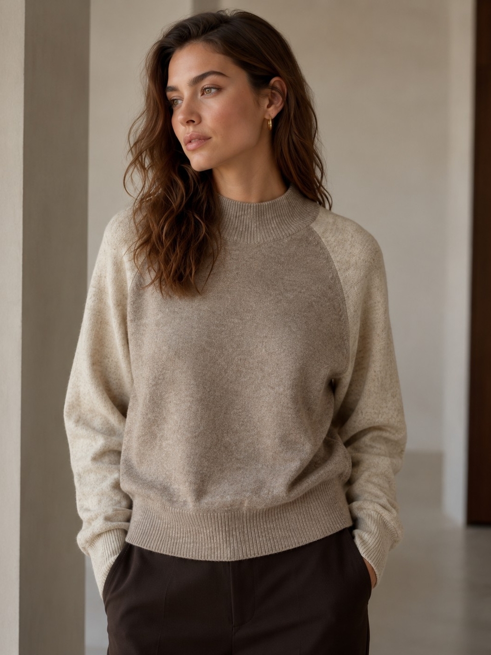 Heartloom Two Tone Mock Neck Sweater Taupe Cream Cozy Knit Size S